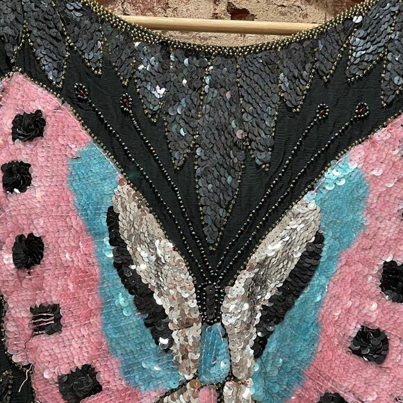 Vintage Chanson D'Amour Sequin Butterly Dolman Sleeve Cropped Top - Picture 3 of 8